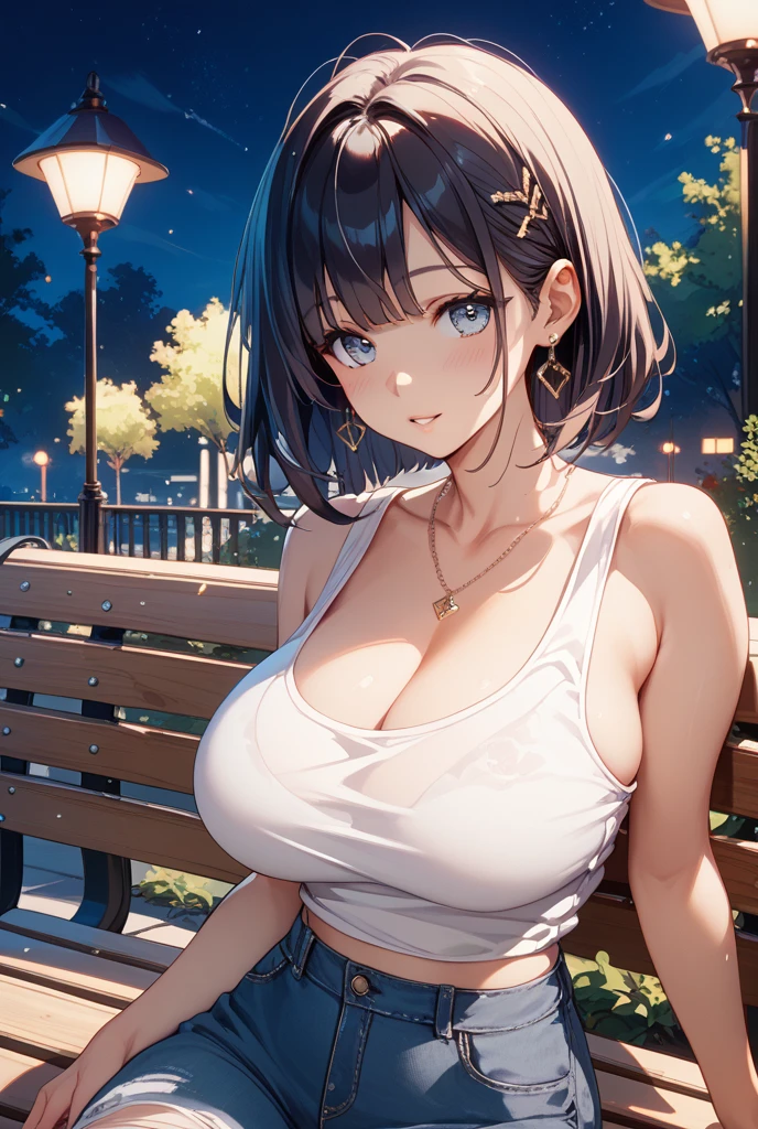 Anime illustration、highest quality、A short and plump high school girl、Night Park、Illuminated cherry blossoms、Cherry-blossom viewing、Tube top、hot pants、Perfect proportions、overwhelmingly big breasts、Beautiful, shining eyes、Cowboy Shot、Blushed、smile