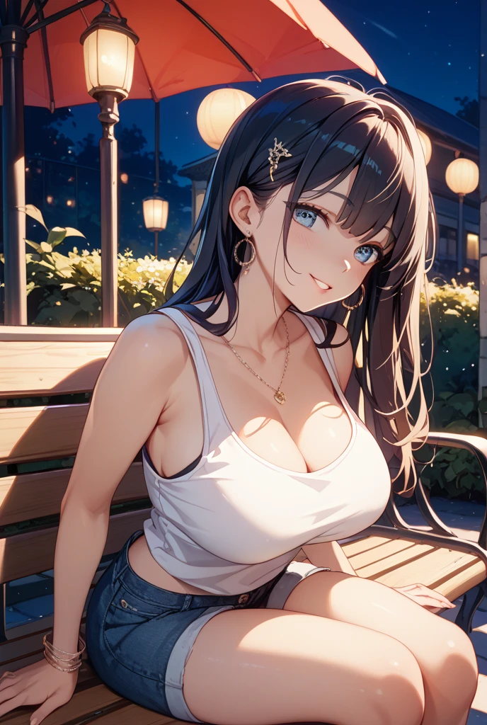 1girl, (solo:1.2), ((masterpiece)), [slim], (large breasts:1.27), (pale skin:1.3), ((detailed blue eyes)), (bokeh effect), (dynamic angle), dynamic pose, Paris cozy cafe, starry brown eyes, chestnut with wavy hair, (white bare shoulder silk tops and a shorts:1.3), necklace, ring earing, arms down, hands between legs,