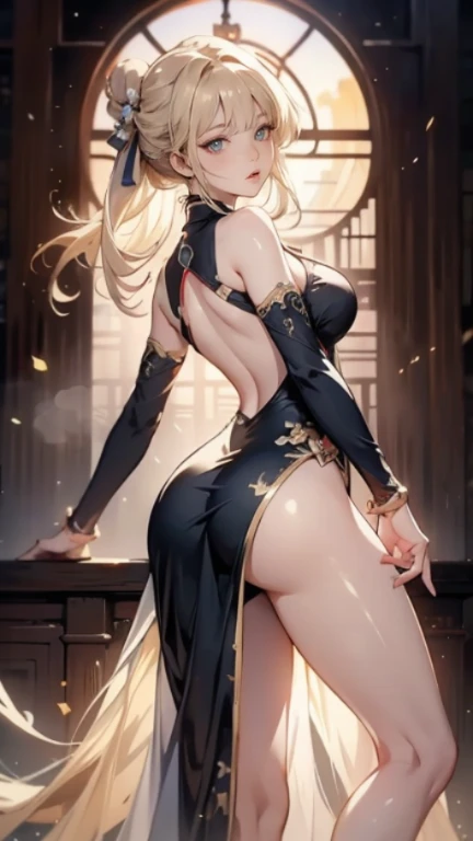 Best quality, 8k, a woman, blonde hair, long hair, double ponytail high split cheongsam, black stockings, high heels, white silk gloves, earrings, (tattoo), armpits, seductive smile, hands behind head,