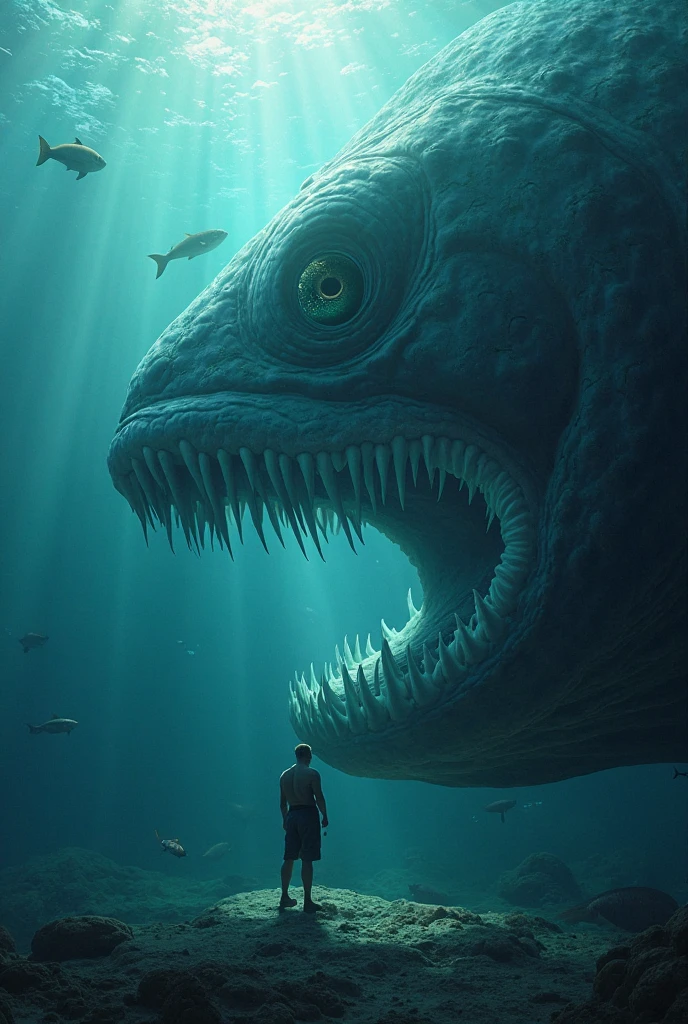 Giant monster fish eating man、