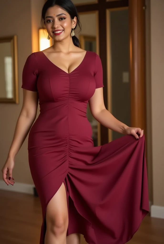 Uma mulher, negra, extremamente realista, muito linda, pele escura, vestido longo, vestidos vermelho, sexy, bunda grande, pernas grossas, Fitness