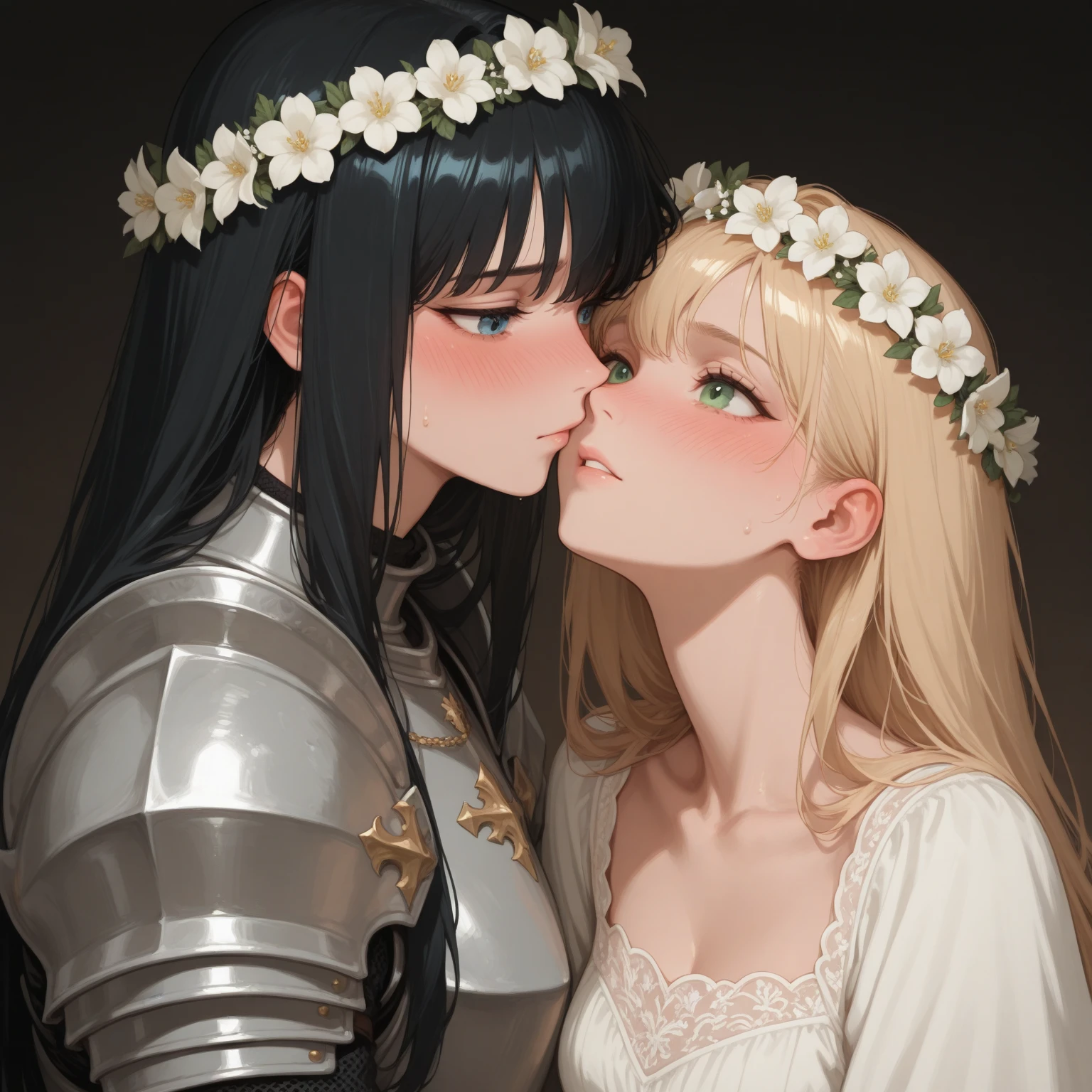 beautiful, (masterpiece:1.2), (best quality:1.2), perfect eyes, perfect face, perfect lighting, 2girls, MILF, Loli, a mature woman knight (kissing:1.4) her young squire girl, smiles, happiness, armors, tabards, fantasy, detailed backgrounds, leather, steel, outdoor, (yuri:1.2)