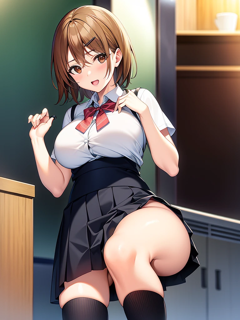 Misaka Mikoto、、plump thighs、Best image quality、High resolution、masterpiece、super high quality、Spread your legsいる、Spread your legs、Pink lace bra、ピンクのpanties、panties、とてもBig Ass、The buttocks are too big、Low - Angle、Blushing、4K quality、Thick thighs、Big Ass、Pubic hair growing、Shooting from below、Blushed、Big Breasts、smug face、Wearing black knee socks、Squat with your legs apart、Sticking out tongue