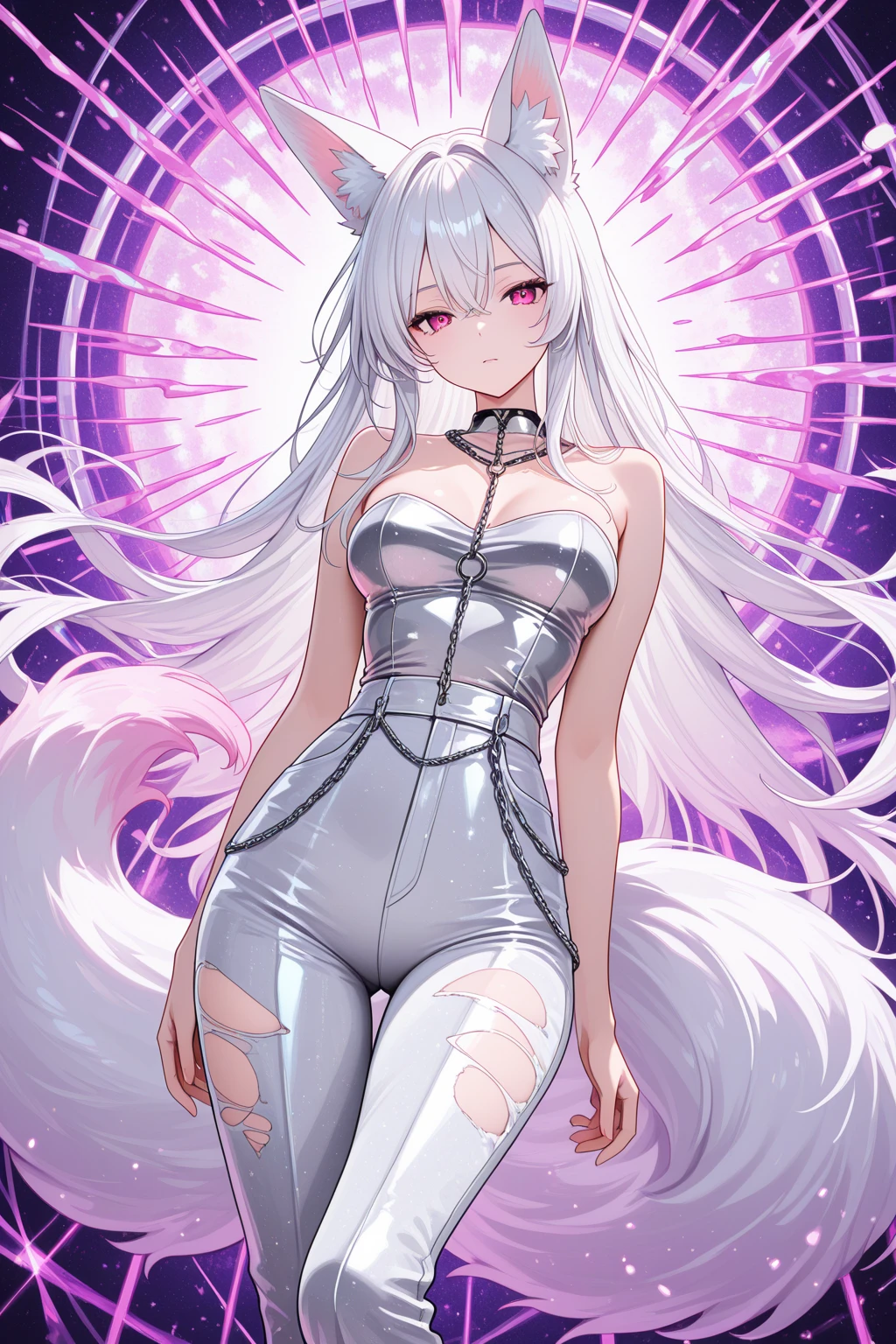 Silver hair, pink eyes, body, cat ears, sexy girl, earrings, pink background fantasy, long dress