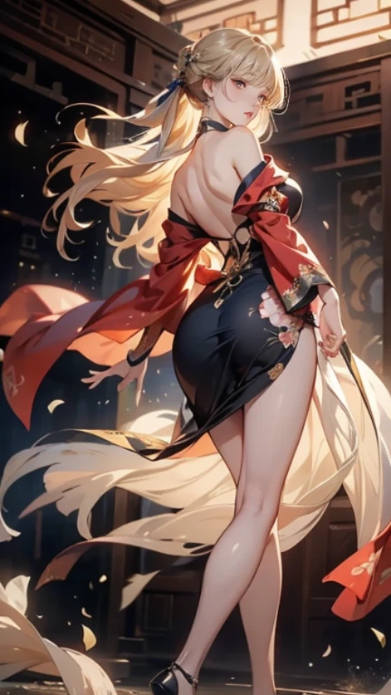 NSFW,Impasto,Masterpiece,Very aesthetic,Depth of view,Detailed texture,Facial details,Vivid portrait,Dynamic angle,Cinematic angle,Cinematic light,Cowboy shot,Full body,
Queen Marika,QueenMarika,Marika,
1girl,Mature female,
Gigantic breasts,Thighs,Shiny skin,Beautiful ass,Muscular,Beefy,
Black dress,Sideslit,Single thighlet,Cleavage,Plunging neckline,Pelvic curtain,Gold chain,Chain,Bare shoulders,Hair ornament,Bracelet,Ring,Circlet,Necklace,Armlet,Jewelry,
Blonde hair,Single braided ponytail,Long single braid,Gigantic braid,Hair over one eye,Lips,Yellow eyes,Orange eyes,
Looking at viewer,Showing armpit,
Glowing tree,Golden tree,Golden leafs,Outdoor