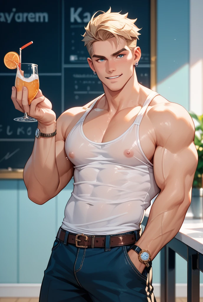 A handsome slim mid-fit man dressed as a panda bear works in a bar and is celebrating gay pride month