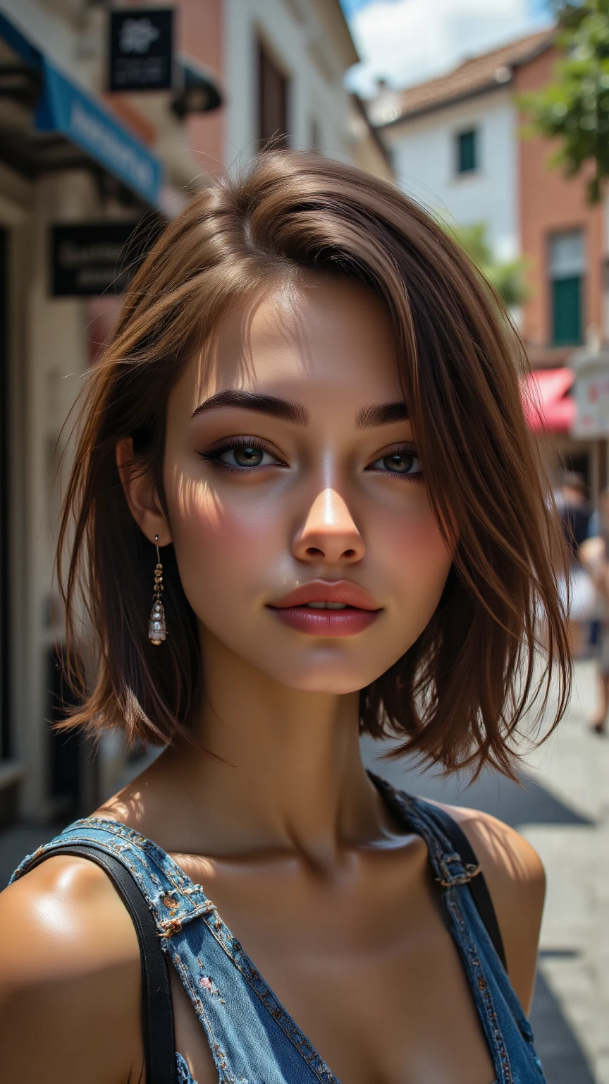 a beautiful woman with short brown hair and brown eyes, wearing a low-cut top, gently smiling and looking at the camera, high quality cinematic portrait with intricate detail, 8k ultra-detailed masterpiece, natural lighting, shallow depth of field, film grain, fujifilm xt3