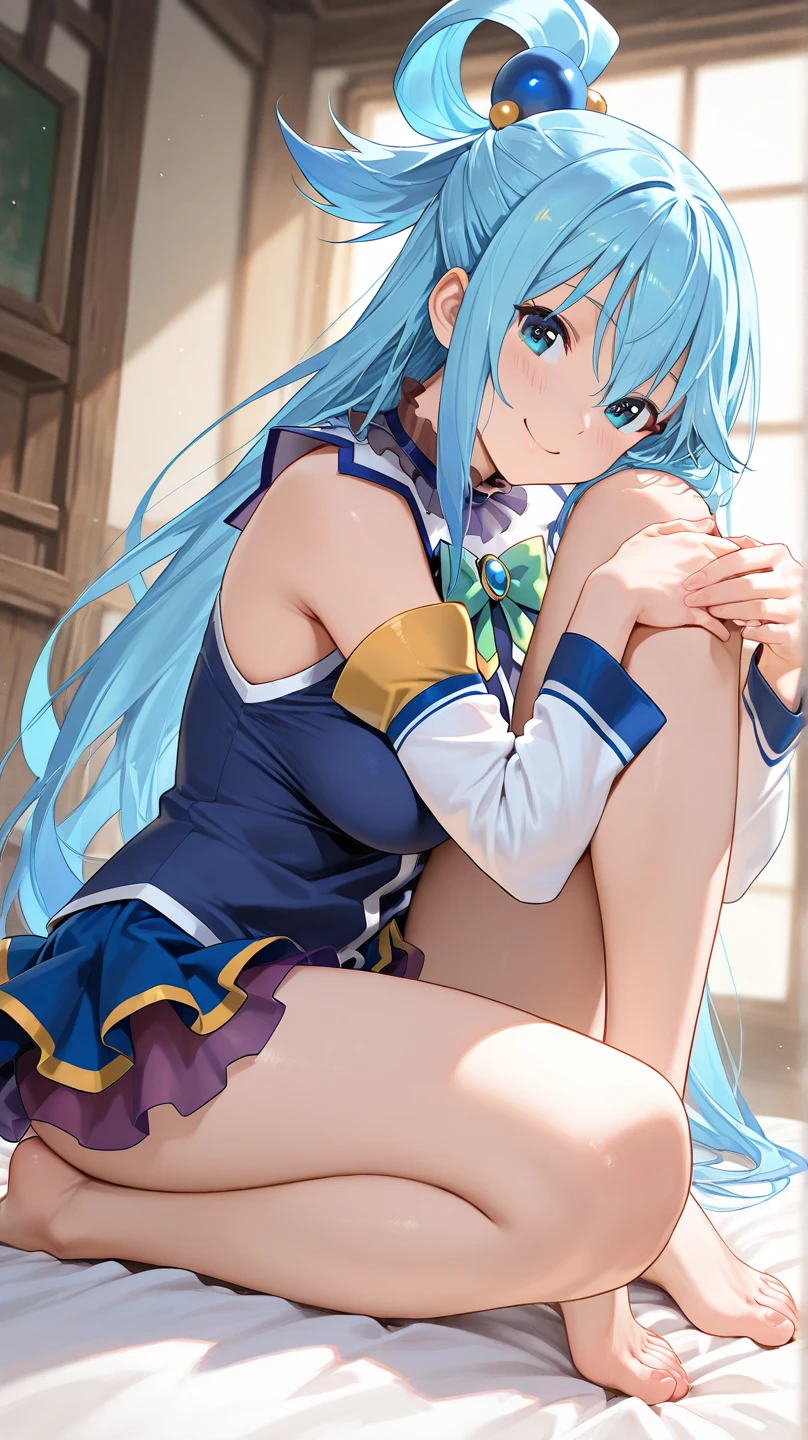 BREAK looking at viewer, BREAK (masterpiece:1.2), best quality, high resolution, unity 8k wallpaper, (illustration:0.8), (beautiful detailed eyes:1.6), extremely detailed face, perfect lighting, extremely detailed CG, (perfect hands, perfect anatomy),outdoor,onsen,hot springs, night,aqua, long hair, blue eyes, hair ornament, very long hair, blue hair, hair rings, single hair ring, hair bobbles,
skirt, shirt,wet shirt, thighhighs, bare shoulders, detached sleeves, white thighhighs, blue skirt, blue shirt, green bow,nipples,cleavege,neckline,sitting,spread legs,showing panties,wet panties,white panties,lace panties,camel toe,from below.