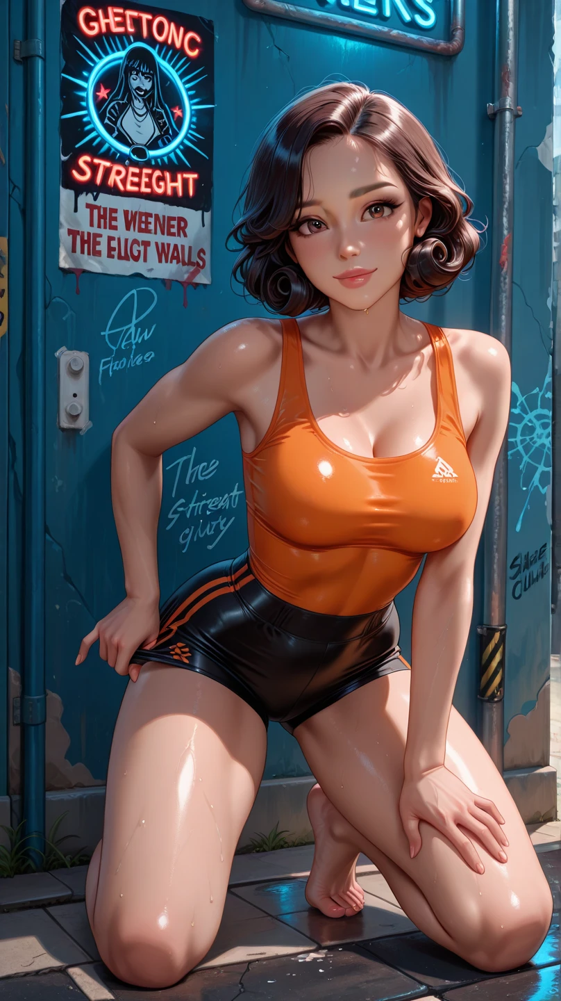 (masterpiece:1.2),(highest quality:1.5),(Very detailed:1.5),(High resolution),(8k),(wallpaper),(Perfect lighting:1.2),BREAK(Two Women),(Japanese:1.5),(Black Hair:1.5),(((Two mature women standing side by side:1.5))),((45 years old)),((hooters)),(((A very fitted white tank top with a logo:1.5))),(((Orange shorts that dig into your body:1.5))),(((Very detailedなコスチュームの描画:1.5))),(((They both wear the same uniform:1.5))),BREAK(Beautiful Eyes:1.5),(Detailed face drawing:1.5),(Detailed face drawing:1.5),((Very detailedな女性の手:1.5)),(Shiny skin:1.2),(Big Breasts:1.3),((Thick thighs:1.5)),(((Sensual body:1.5))),(Sports bar background:1.5),(((Blur the background:1.5))),(((Wicked Smile:1.5)))