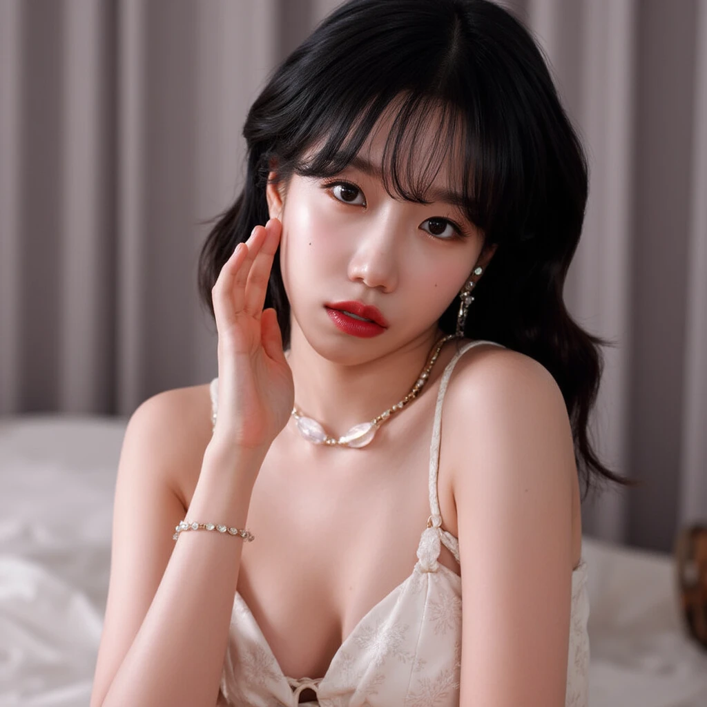 whole body,Girl 1 person々,In one 人々,
(8k, RAW Photos, highest quality, masterpiece:1.3),(Realistic, photo-Realistic:1.37),Realistic skin texture,(photoRealistic:1.3),(hyperRealistic:1.2),
Age 25, 1 person, ((Beautiful female announcer, Cute mouth:1.2)),
((Gorgeous Earrings, Long Necklace:1.2)),
((Luxury Love Hotel Rooms, Collapse into a luxurious bed, Feminine polka dot mini dress:1.5)),
(Pay attention to the beautiful thighs, The hem of the skirt turns up, Spread your legs, Lift your hips:1.5),
((Sexy atmosphere, Kissing Mouth, hold out your lips, Cute and shy, Gazing intently at the audience)),
((Ecstatic facial expression during sex, A sigh escapes,The gesture of seducing a man by touching his breasts:1.2)),
Realistic skin texture, Fair skin, Shiny skin, Beautiful skin on legs, Beautiful legs,
Highly detailed face, Slim face contour, Beautiful small face, Beautiful Nose,
Very fine eye, Long, narrow eyes, Brown eyes, double eyelid, Extremely fine eyebrows, thin, Long eyelashes,
Ultra-detailed lips, Plump and moisturized lips, Glossy pink lips, Blushed,
Beautiful people々 actress'Fatigue Make-up, Pink lipstick, smokey eye shadow, Eye Foundation,
Dark brown hair, Delicate and soft hair, Hair blowing in the wind,
(Elegantly putting your hair up, Medium Short Hair, ponytail:1.2),
Layered Cut, (Blunt bangs:1.2),
((open your mouth slightly to show your white teeth,, stick out your tongue a little)), Body facing forward,
((Lift your face a little)),
((Squint your eyes)),
((Pursing your lips:1.2)),
((Blushing:1.2)),
((The cleavage is fluffy, Beautiful breasts)),