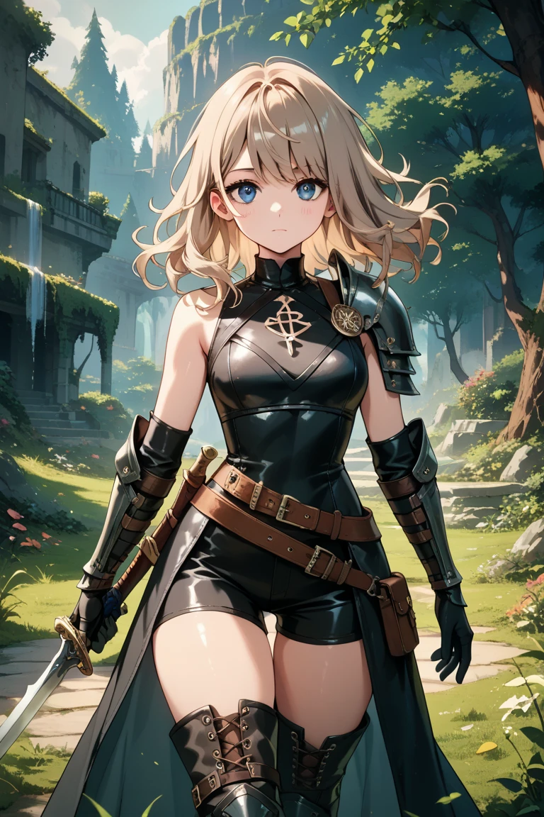 a girl, wearing armor, shoulder armor, mitts, blonde, long and tangled hair, crossed arms, sitting on a rock, leather mini skirt, dressed like an Amazon warrior, background medieval village, cat ears on head, angry expression on the face, beautiful athletic body, (big eyes 80s anime style), long thigh-high boots, profile posing