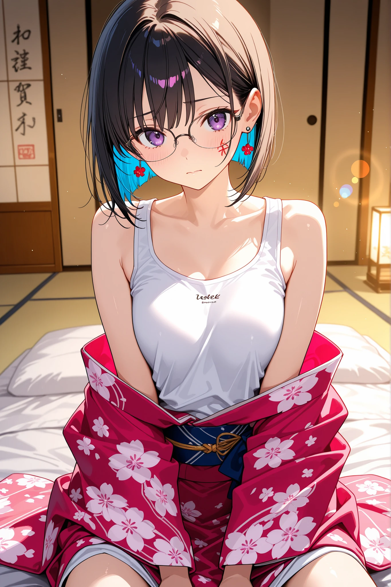 (masterpiece, Highest quality:1.4), Beautiful Face, 8K, 85mm, Absurd, (Floral Yukata:1.4), Face close-up, violet, Gardenia, Delicate girl, alone, night, View your viewers, Upper Body, Film Grain, chromatic aberration, Sharp focus, Face Light, Professional Lighting, Sophisticated, (smile:0.4), (Simple Background, Bokeh Background:1.2), detailed aspects,(((Show one breast:1.37))),((Very young and immature & Very few & Very flat chest:1.2),(Pink fashion glasses,1),(Showing anus with feces from behind:1.4),