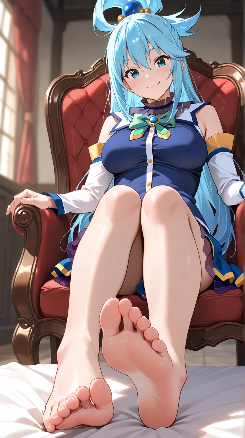 1girl, barefoot, aqua konosuba, light blue hair, feet, solo, toes, blush, , light blue eyes, foot focus, toenails, toenail polish, smell, skirt, soles, sitting, nail polish, blazer, jacket, looking at viewer, steam, sofa