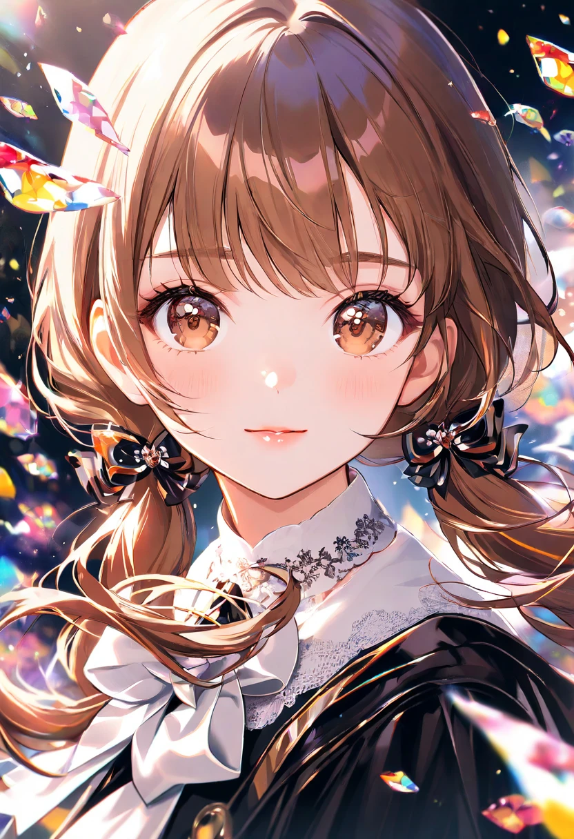 (Highest quality, 8k, 32K, masterpiece, Ultra-high resolution,:1.2),to be born, One Girl,So cute , hair ornaments,heart,heart 目,Multicolored Hair,Upper Body,Brown Hair,dress,black 襟,Multicolored background, Brown eyes, Brown eyes,bangs, Brown Hair,Medium Hair,smile, Sexy pose, A fantasy background reminiscent of an electronic world,