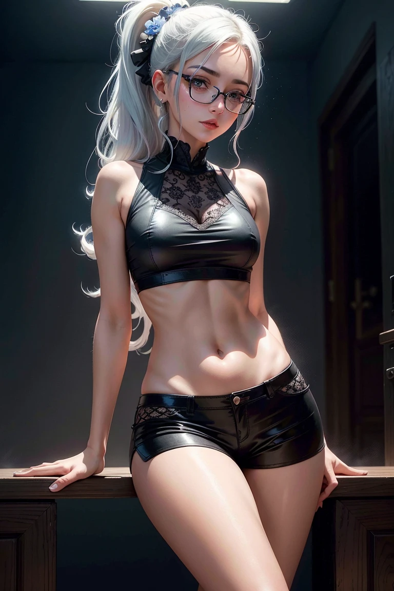 Ultra micro bikini and super mini skirt with nurse cap、(zippers)、high-heels、Staggered black-rimmed glasses、very thin eyebrows、(FULL BODYSHOT)、Glossy skin、,(20yr old)、cool expression、skinny body shape、large boob、Japan Idol Hairstyles、(magazine:1.3), (cover-style:1.3),Silvery hair、sexy for