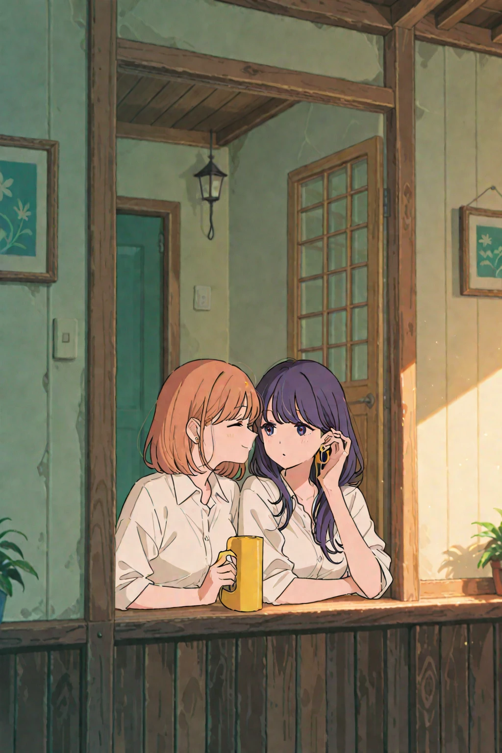 Two women kissing, 2girl, {masterpiece}, {best quality}, indoors, coffee shop