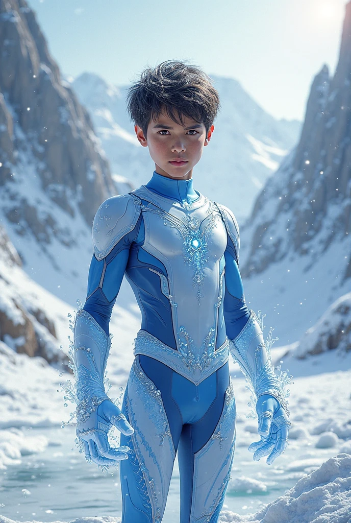 Realistic​ photography​ of a​​​​ korean boy​, 22 ages​​​ , wearing​ a​ ice armor, thin​ necklace​, ((huge pecs))​​, at​ ice ages​ old​s,run cool