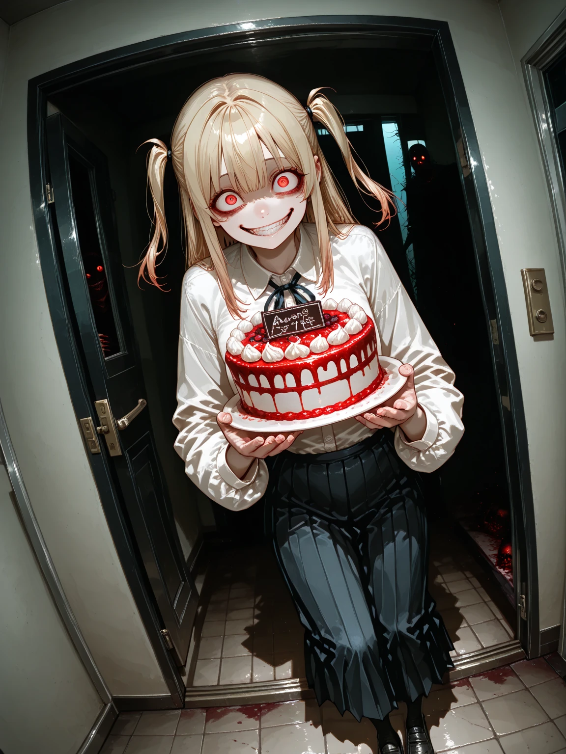 official art, unity 8k wallpaper, ultra detailed, beautiful and aesthetic, High quality, beautiful, masterpiece, best quality, , flat color, limited palette, low contrast, cake, pink, bright pastel colors, kawaii, (horror), eerie, in hell, creepy, best lighting, close up, close up cake, (smile)