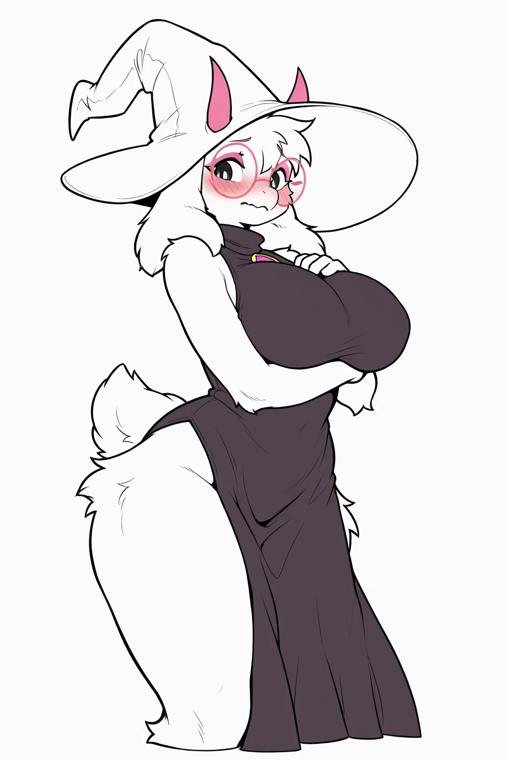 ((best quality)), ((masterpiece)), (brolaren, detailed), nsfw BREAK solo, anthropomorphic reindeer, female, beautiful fluffy silver furs, beautiful silver hair that matches her furs color, small lips, voluptuous with nice curvy wide hips, huge round breasts, puffy pussy, nude, standing,