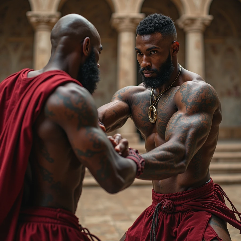 The bard (skin black, very short hair), argue with the monk (offwhite, fatter, thin black hair, medium black beard, full of tattoos on the body)