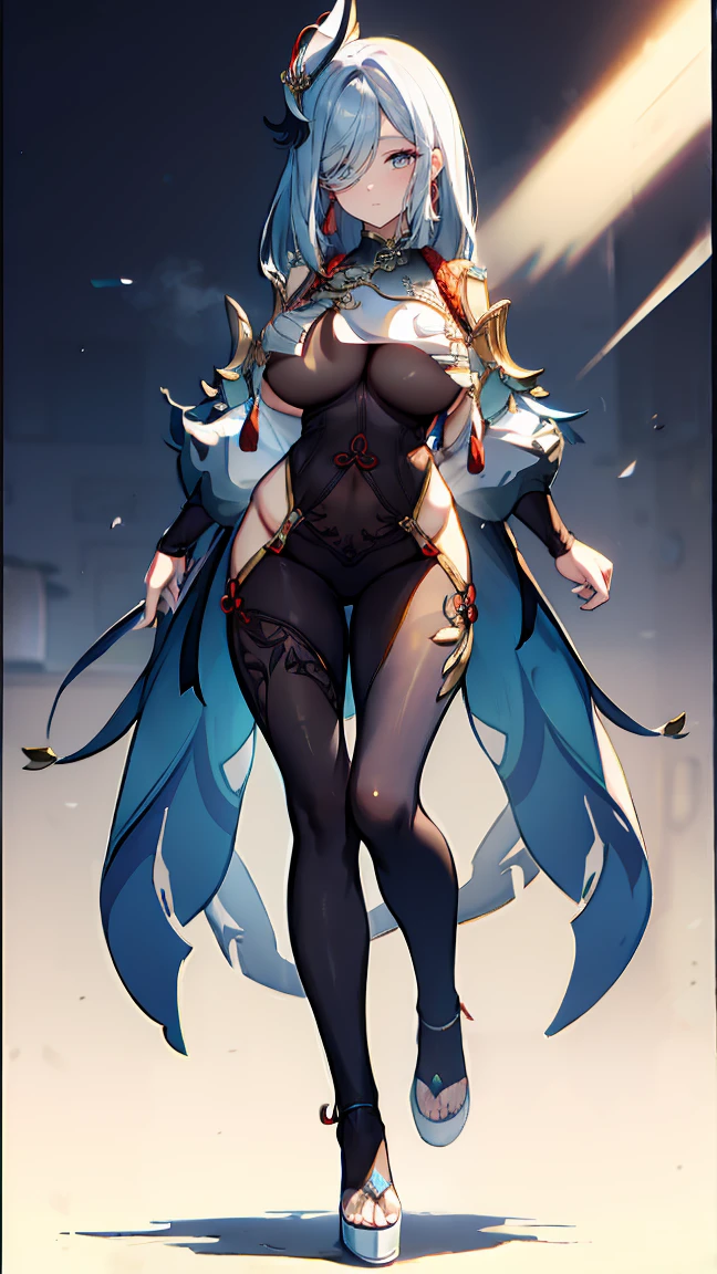 Goddess of Love, height: 165cm, weight: 40kg, length, Fluffy black hair and delicate features, Wearing flashy makeup. She is slender, . She has a beautiful figure. Her eyes are slightly narrowed, From front to toe. she is naked, Upper body、Do not wear any lower body clothing or underwear。, like a devil, wearing thigh-high boots. dark. artistic and high resolution. ,