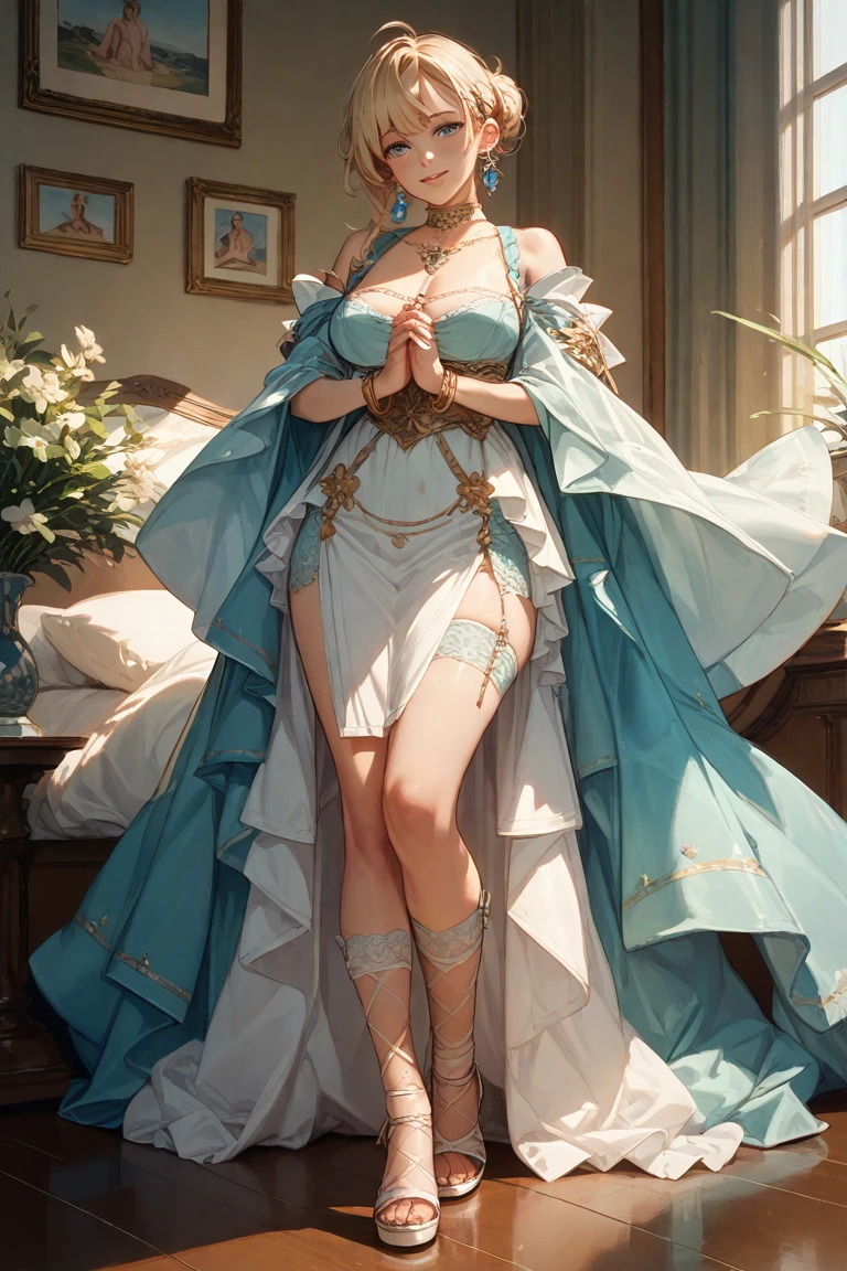 Master anime work, impeccable masterpiece, a mature noblewoman dressed in a pure white background, a rich woman, flowing silver hair, full body standing, slender legs, straight breasts, detailed face details, natural and beautiful standing, vivid and real body details