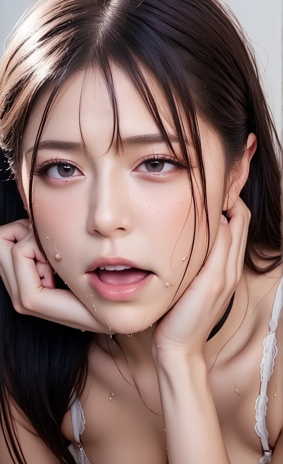 (exquisite features), (Highest quality photos), (Beautiful Eyes), Look in front of you, Thin clavicle,((Highest quality, 8k, masterpiece: 1.3)),, Foam at the mouth、Highly detailed face,、Focus your eyes, Nose and mouth,Face Focus, Woman with open mouth and closed eyes, Face Focusの接写、26 years old,Thin lips、Realistic nostrils、Angle from below、Sweaty skin、Yogurt for glowing skinを強調する照明、Yogurt for glowing skin、Shiny skin、Big eyes、double eyelid、(My tongue is wet and shiny) ((Wet tongue)) ((Berokisu)),In a dark room,Shooting from the air、Exposed nipples、((Small breasts))、Very good、belly button、Sweaty、blush:2.0、