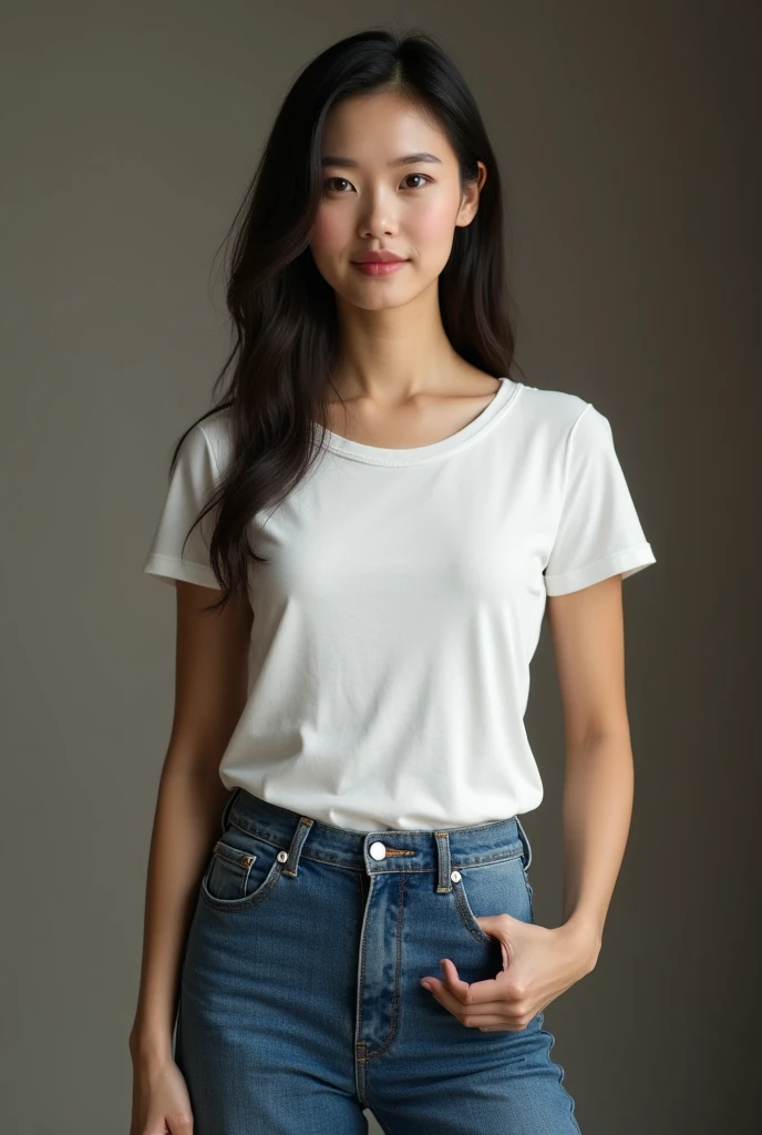 beautiful brazilian woman,  standing straight facing forward,with white t-shirt, denim jeans pants, on a greyish background, cotton t-shirt texture, fitted t-shirt, round neck, striped tights. Medium camera shot.