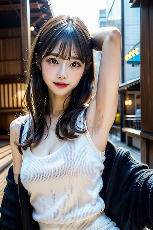 (16K, highres, absurdresmasterpiece, best quality, ultra detailed, exquisite, beautiful), delicate facial features, beautiful japanese idol, late teens, 19year old, woman, looking at viewer, realistic portrait, raw photo, ultra realistic photo, upper body, front view, golden ratio, delightful, cheerful, smiling, (waving at the camera:1.4), armpit, standing, cinematic lighting, in focus with blurred background, medium hair, diagonal bangs, messy hair, brown hair, brown eyes, toned body, amusement park, Turtleneck Sweater,