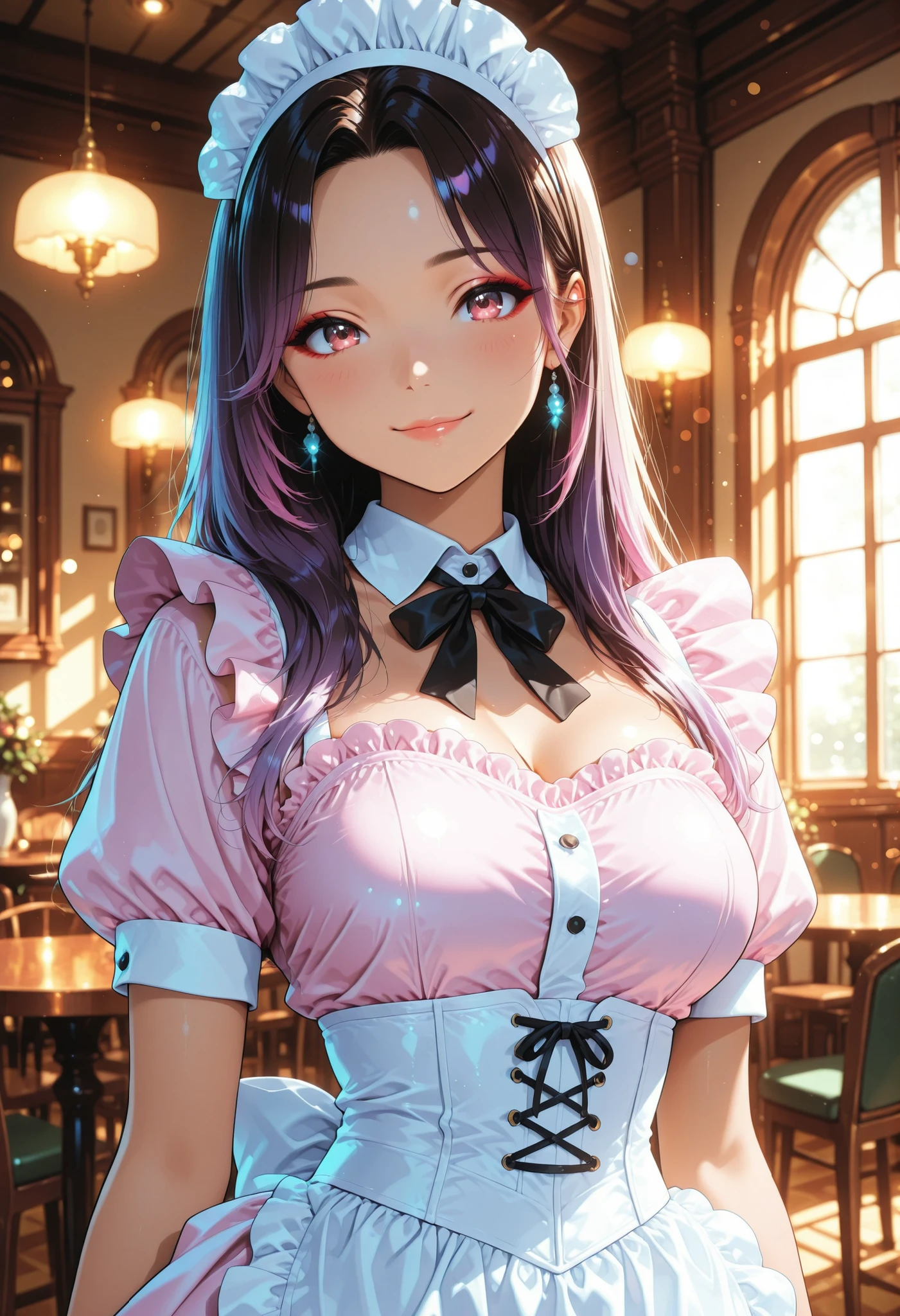 Adorable Maid, Anime Style, Beautiful girl, beautiful girl, Woman in a light purple waitress, Woman in Corset Dress, interior illuminated by natural light, elegant expression, soft smile, Elegant Makeup, behave politely, elegant and delicate atmosphere, High Quality, flat anime, 4K, HDR, reproduced in extreme detail, Professional, vivid colors, Bokeh Backgrounds, high-definition illustration with an emphasis on detail, Utopian,