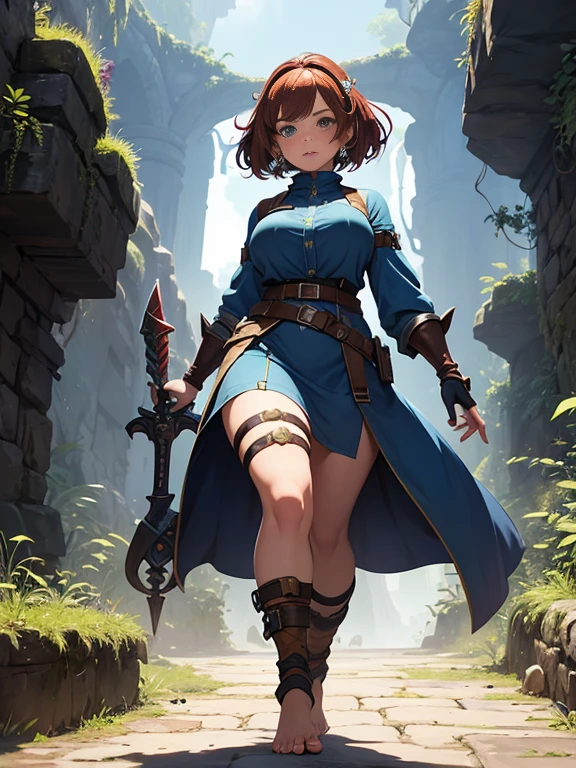 Top quality. Painting by Akihiko Yoshida. Illustration. Character design. Woman. A world of swords and sorcery. Miniskirt. Squatting and legs open . Watching from below. --auto --s2