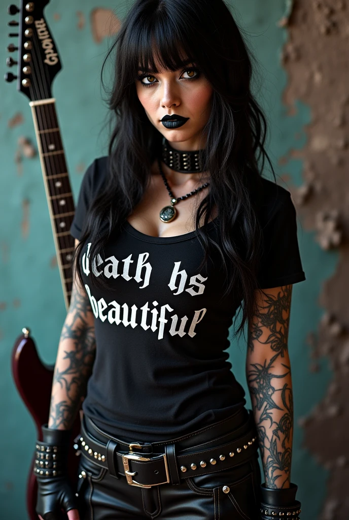 a beautiful tan Latina woman with blue eyes; glossy skin; long brown hair with blonde highlights; glossy lips; piercings; tattoos and long lashes wearing a shirt with a skull saying “would rather kill you” with black spiked biker shorts at a haunted pumpkin patch; sitting on a haystack;