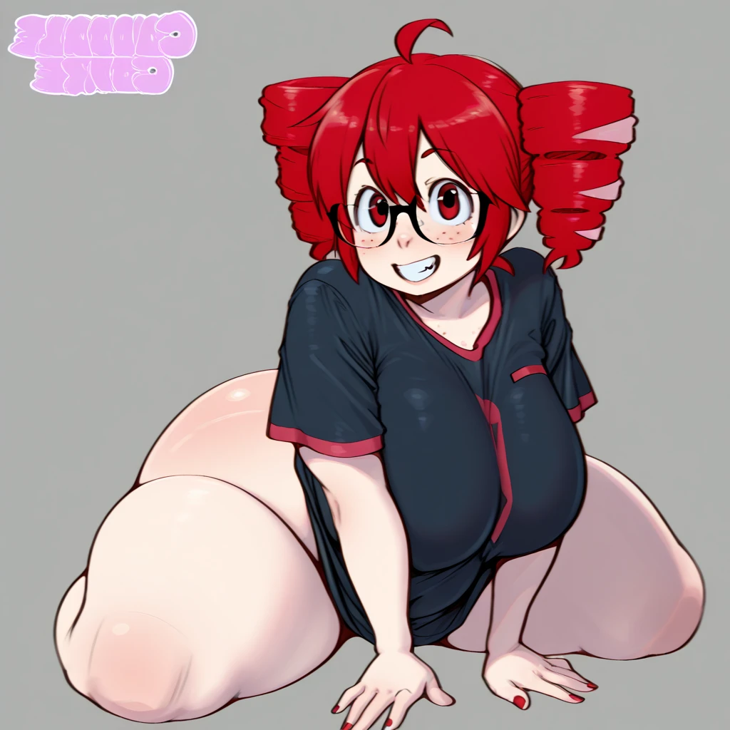 1 cute girl, (short stature:2.0, huge breasts:1.3, disproportionate breasts:1.3, thick legs:1.2, toddler body:1.2), two side up, long hair, BREAK (red hair:1.1), brown eyes, BREAK (naked:1.3), (blush, ;d), full body, from front, BREAK