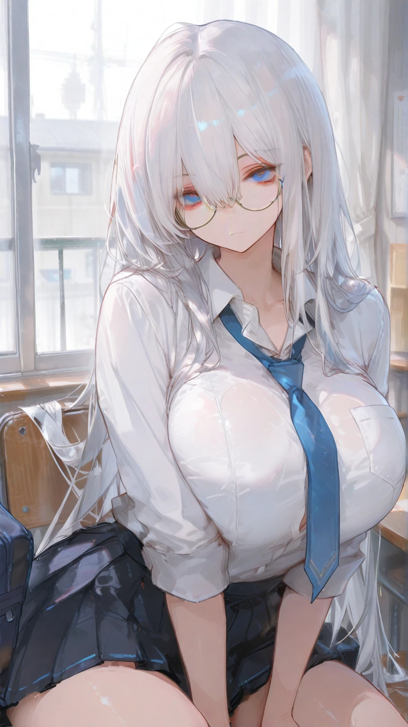 ((masterpiece)), ((best quality)), 1girl, long bangs, black choker, black skirt, blush, choker, cleavage, collarbone, collared shirt, glasses, huge breasts, very long hair, long sleeves, looking at viewer, (office lady,bangs, White hair), implacable \(azur lane\), teacher, mature female, parted lips, blue eyes, round eyewear, see-through, smile, solo, sweat, white shirt, sitting, clossed legs, panties, pantyhose