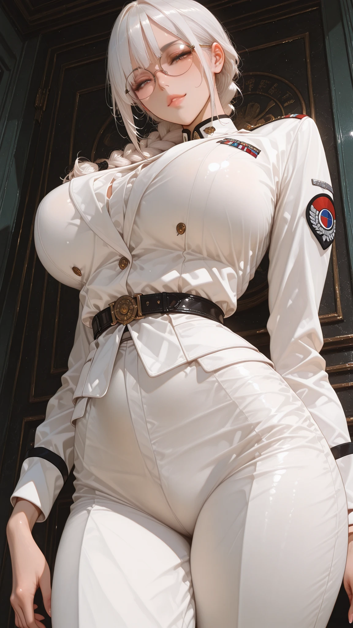 gwen tennyson,yorha 2b,tracer,rebecca chambers,overwatch,azur lane,close up,japanese harbor,tattoos,blue and white plugsuit,white short sleeve sailor leotard,white short sleeve sailor jacket,white and blue lycra tight skirt, white sailor corset,short hair,punk makeup,green eyes,multicolored silver punk hair,sexy smile,freckles,beautiful girl,white thigh high boots,large breasts, 8k,ultra detailed,realistic,fantasy art, white sailor uniform,white atago uniform, hair pin,ear piercings,battleship,goth hand and neck jewelry,walking,(weather:wind blowing),1girl,