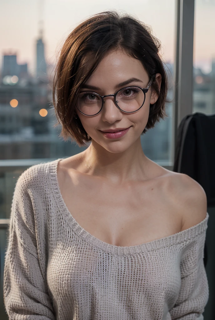 (Best quality, Ultra detailed, Golden ratio, Masterpiece:1.2), Theatrical lighting:0.7, Photo of a woman, dressed in a very elegant and pretty dress, Perfect rare face, (Highly detailed skin), randomly dyed hair,Ridicule, skin texture, Pale skin, shiny skin, (thin, large size:1.2), [:(Sharp focus on rare face, perfect eyes:1.2):0.2], photorealistic, film grain, Put one foot forward、from below looking up、look at camera、Emphasize the shoulders, Focus on face、Stockings、glasses、Smiling face 、happy expression, summer haze, muted colors, muted warm colors, Photo cinematic portrait of a woman pants、white t-shirt and blue jacket sitting by the chair in the night cinematic、 (tilted:1.3) (at the bar) look cautious, standing under a spotlight,soft natural lighting, photography Film grain ISO 700 50 mm lens RAW f1.8 aperture, highly detailed (analog photography:1), colors hdr, ultra realistic skin, almost his tits otuside in a sexy manner suite