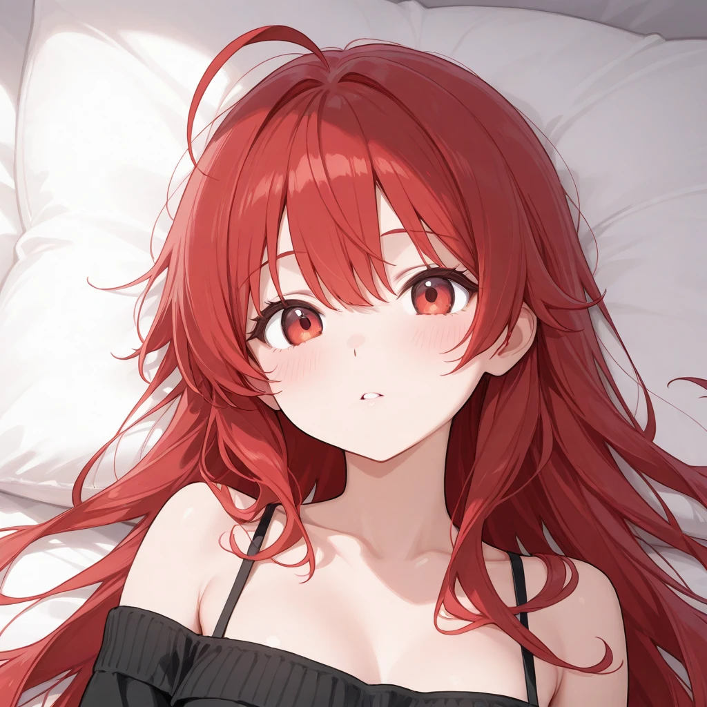 Red long hair, Grey eyes, indoor room,Lying on a bed sprinkled with rose petals, from above, splendid, rich, blush, Smile, Tolerable, Masterpiece, Best Quality, high resolucion;,detail enhancement,best qualtiy,perfect image quality,Visible breasts, nipplestits, Beautiful and sexy, One-person viewpoint, Small moles under the eyes , prety, large full breasts, s whole body, perfect hand,