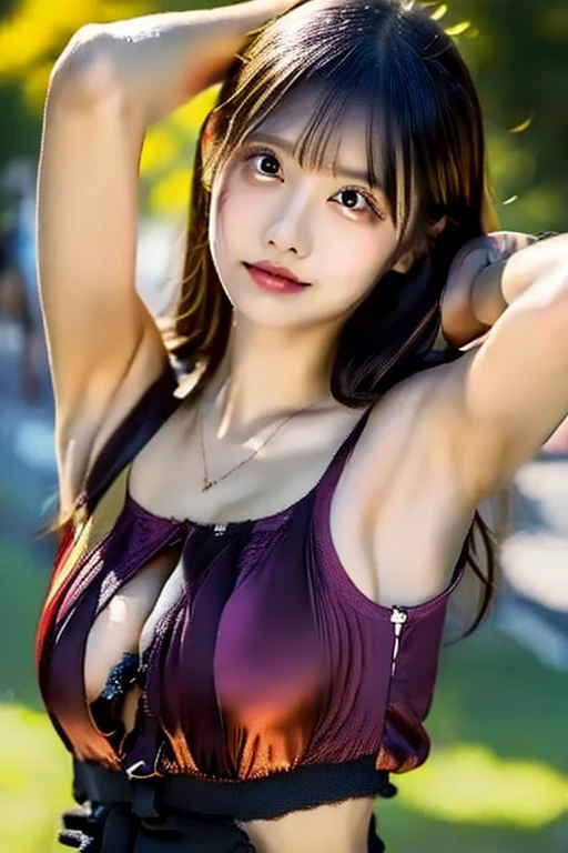 (((Heavy chest))),NSFW, 8k RAW photo, top-quality, masterpiece, 超A high resolution, film grains, ((Skimpy black rubber micro bikini)).filmg, 1girl in, looking at the viewers, Natural skin texture very heavy chest))),realistic eyes and face details, Full lips, Lipstick Makeup), Fluffy ponytail hair, hair messy, A smile, Beautiful legs, Tall lady, ((glowy skin)),((Armpit)), slim_Legs, report, huge-breasted, cleavage of the breast, buttock, The shirt, Beautiful natural places, Around the position of the flower, (细致背景,Skimpy white shirt, huge-breasted, cleavage of the breast, lowfers, blurry backround, shortsleeves, Blue JK ribbon around the neck, JK Ribbon, brown haired, A bracelet, Eau, bangss, jewely, cparted lips,, depth of fields、Armpit、