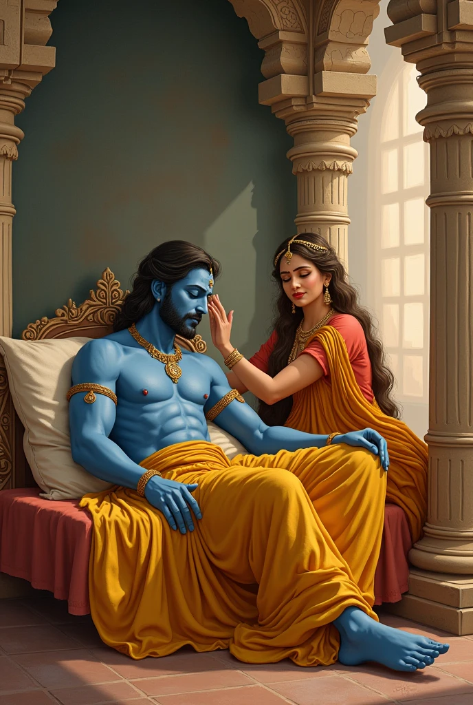 Create an anime-style image of a woman studying at her desk, looking worried and overwhelmed by her books. Baby Krishna, around 2 to , stands behind her with a reassuring presence. His deep, bluish-black skin glows softly, and his large, kind eyes offer encouragement. Krishna is dressed in a yellow dhoti with a peacock feather in his curly hair. The background is filled with warm, comforting light, symbolizing Krishna’s divine support and guidance. The image should capture the contrast between the woman’s initial doubt and her newfound strength and happiness thanks to Krishna’s presence." Makes her happy worried free as soon shes her back