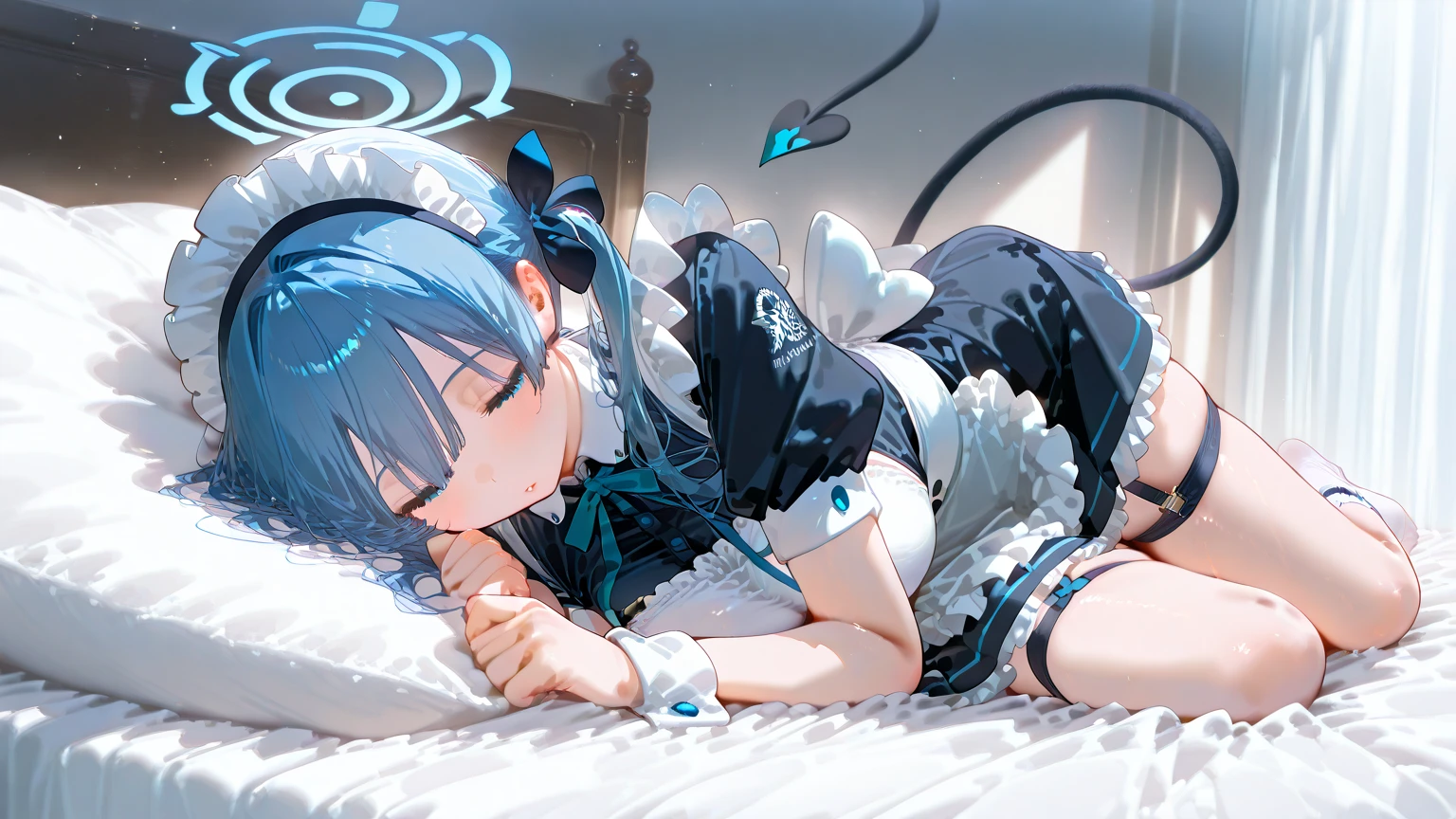 1Girl flar skin, and pigtails blue hair with bangs has big breasts, dress with black Maid suit with white stockings, with dark brown shoes, and with blue eyes pupils, with white gloves top-down bottom-up leggings, very closeup solo,