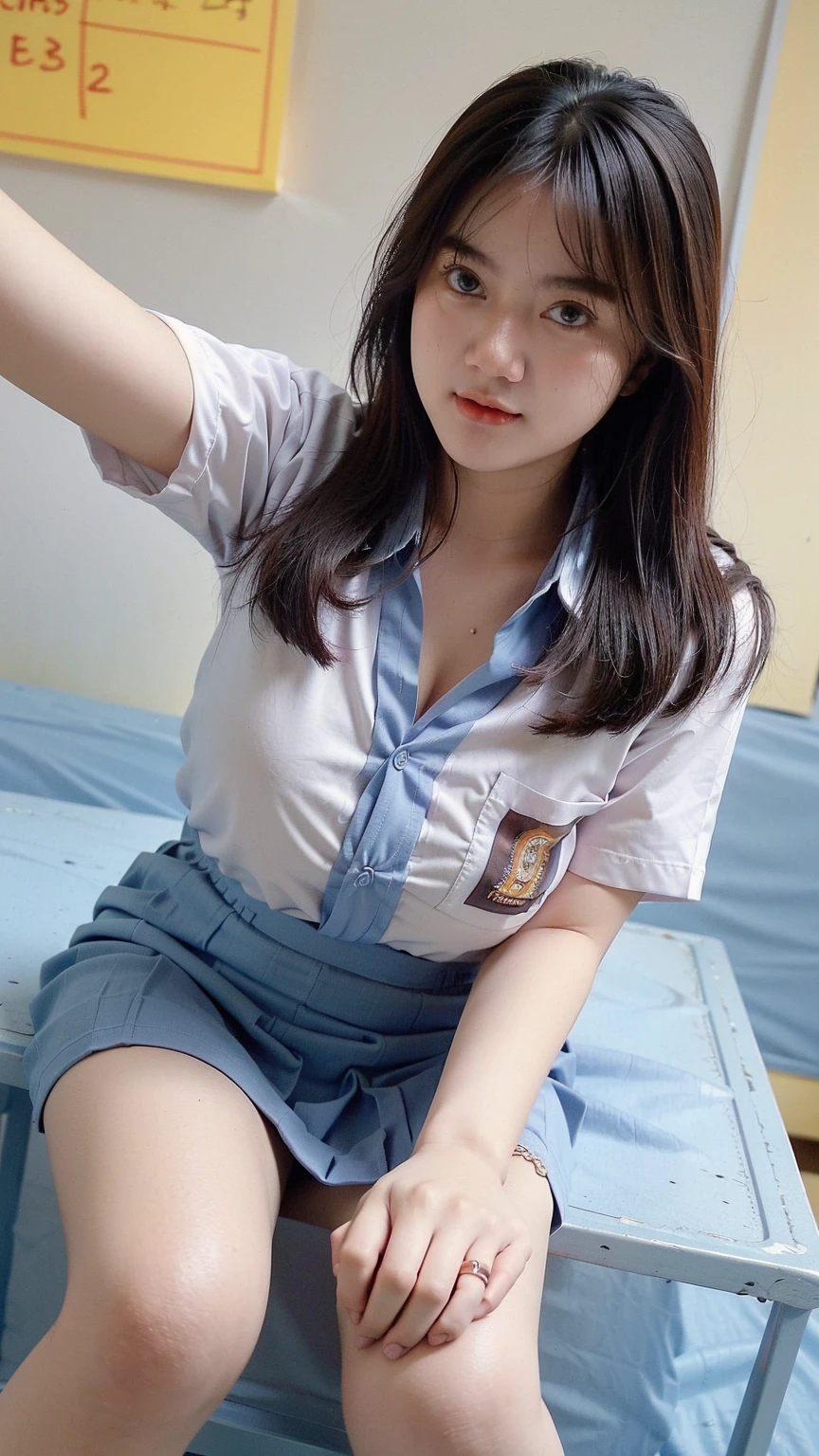 (best quality,4k,highres),ultra-detailed,realistic,cosplay,student uniform, unbutton clothes, unbutton shirt, mini skirt, skirt lift up, open legs,beautiful woman,big breasts, show nipples detailed, dark hairy pussy, pubic hair,vivid colors,portrait,soft lighting