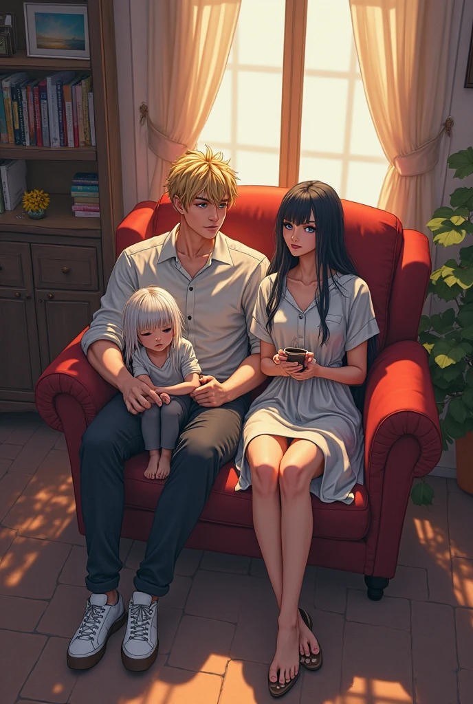(masterpiece, best quality), best resolution, (young man with (black hair, brown eyes, dark skin)) and (young woman with (2heads, blond hair, blue eyes)), two people sitting next to each other on the couch, casual clothes, couple pose, smile, happy, love, living room