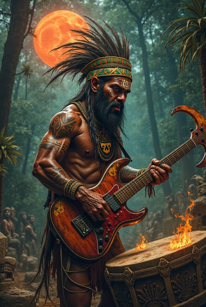 a sullen Indian smokes a peace pipe in a feather headdress plays a big rock drum kit and behind him many human souls fly into the sky, the indian looks straight ahead, drum set black two cymbals and 3 drums
