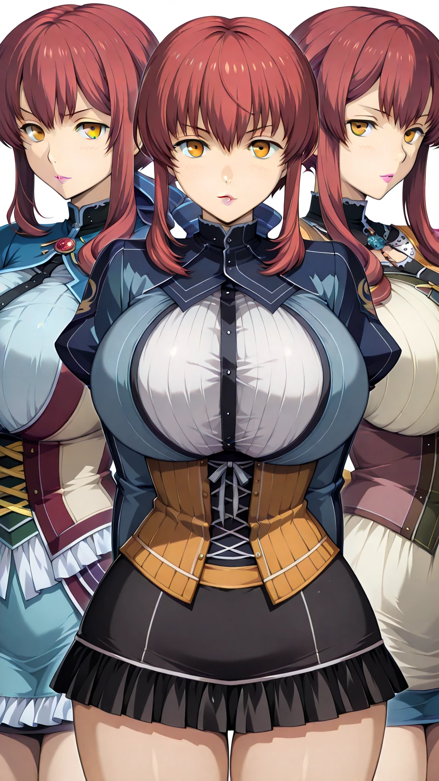 nsfw, sara valestein, sen12, 1girl, breasts, solo, cleavage, large breasts, smile, choker, belt, yellow eyes, red hair