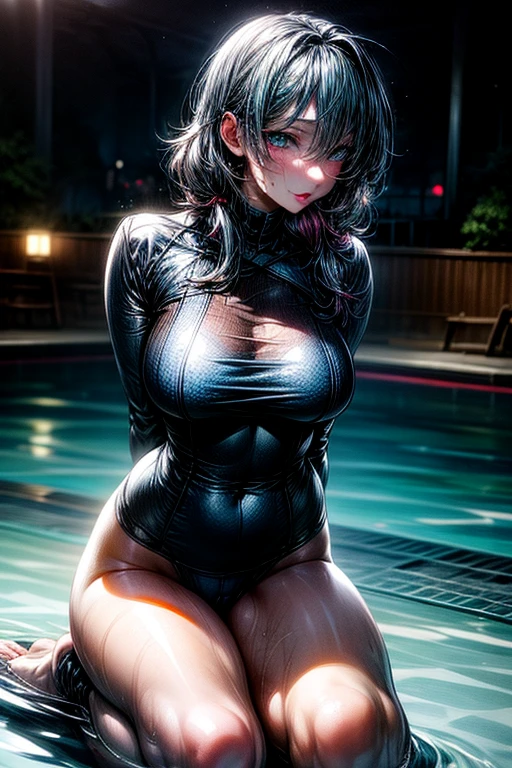 absurderes, hight resolution, ultra-detailliert, (1 girl: 1.2), (((dark tan skin: 1.4))), tan lines, Abs: 1.7, Round Ass, Black Necklace Shoker, Unity 8k壁纸, femele, Wet, water dripping, Sweat, Dynamism, cinematic shot, Intricate details, (Lifting jacket: 1.3), (No bra), grab the ass, (Visible skin: 1.3), Sexy clothes, tease, playful expression, Pose Seductive, (masutepiece, 超A high resolution, Detailed background:1.5), (Complex environments: 1.3), (Elaborate landscapes:1.3), (rich textures: 1.3), (Detailed Lighting: 1.2), (Dramatic shadows: 1.2), (Vibrant color palette: 1.2), Pool, Torsion of the body, Pose Seductive, Dark hair, Short (Spiky pixie haircuts), Bright lighting, Cyberpunk