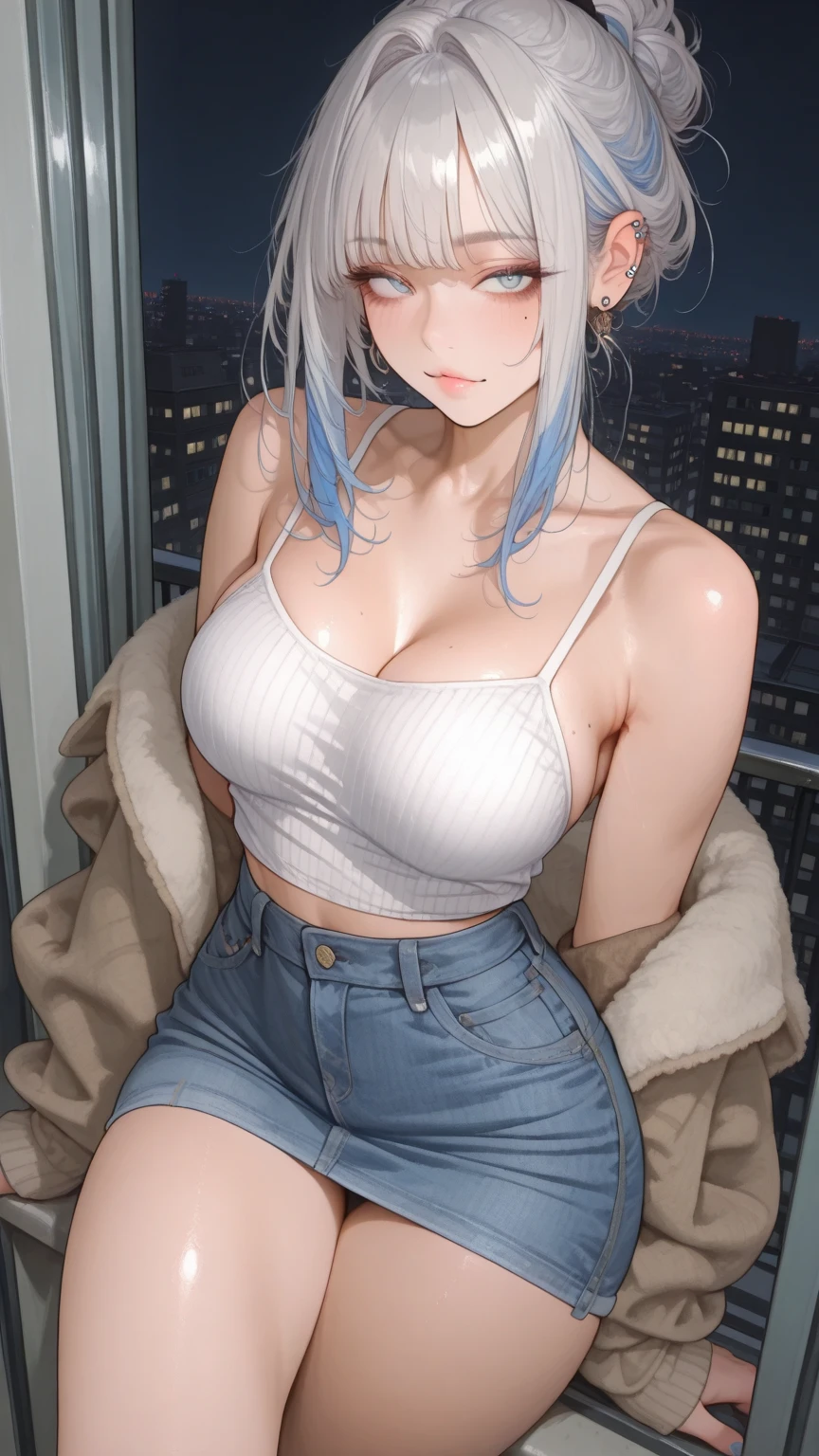 (masterpiece, best quality:1.5), (ultra detailed, high resolution, 8k, beautiful detailed, UHD, best anatomy), 1 girlfriend, white hair, medium breasts, Take off glasses, Mature Gyaru Style
