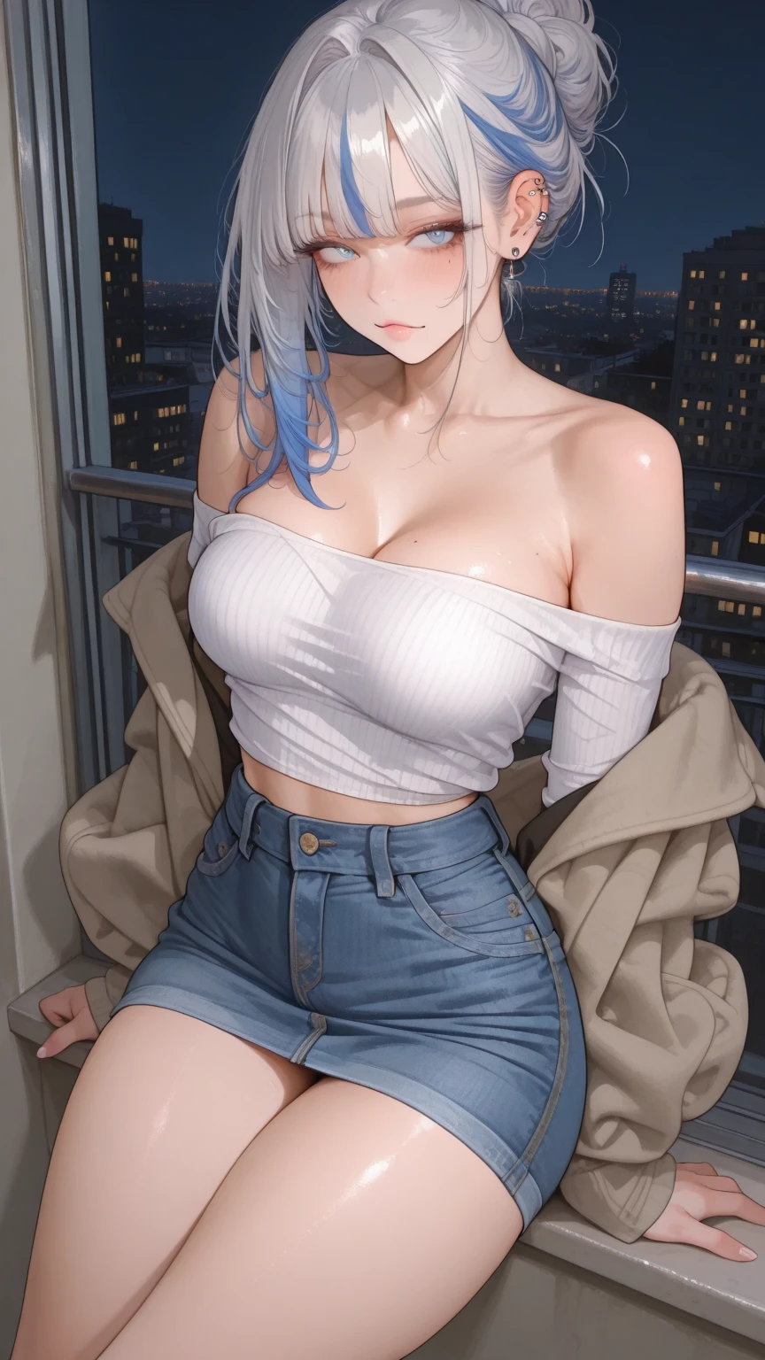 Royal sister，Long purple-gray hair，Half naked short sleeves，bath，blush，plump thighs，looking away up，Stand Up Straight，pant，Lace white fishnet stockings，Short shorts