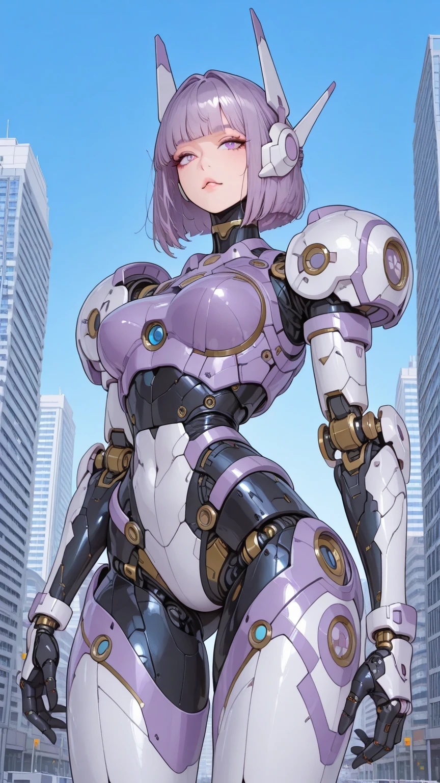 Top Quality, Masterpiece, Ultra High Resolution, (Photorealistic: 1.4), Raw Photo, 1 Girl, Black Hair, Glossy Skin, 1 Mechanical Girl, (Ultra Realistic Detail)), Portrait, Global Illumination, Shadows, Octane Rendering, 8K, Ultra Sharp, Big, Cleavage Exposed Raw Skin, Metal, Intricate Ornament Details, Japan Details, Very intricate details, realistic light, CGSoation trend, purple eyes, glowing eyes, facing the camera, neon details, mechanical limbs, mechanical, standing, wires and cables connecting to the head, gundam, small LED lamps, neon light, 1 Mecha, sharp eyes, human mouth, mecha body, mechanical body, gundam suit, cute purple hair, Extremely cute human eighteen year old man face, human torso, human abs, human abdomen, human hips, robotic arms, mechanical legs, arms and legs with hard white shiny shell and black joints, very beautiful and male, short, petite, small, small, medium bust, cleavage display, flat belly display, partial helmet with antenna on the ear, black robot joints, very stylish, award-winning product design, black rubber tights, Shiny white metal cuirass opens at cleavage and belly, white metal rump with folds, armor with stylish, glowing trim, neon mecha body