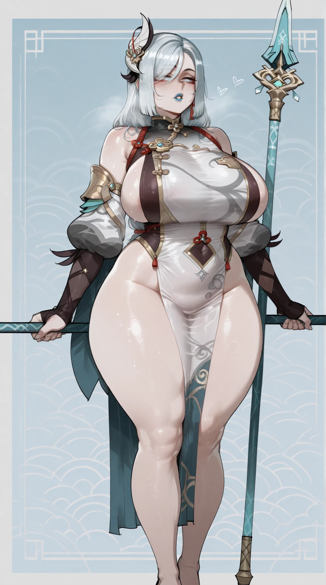 (((Plain background 1:2))) (masterpiece, high quality: 1.1) 1girl full body standing, hairstyle with a braid, white colored hair, yellow eyes, perfect lighting, muscular, thighs, mature woman, mummy, bellybutton, abs, looks at the viewer smile RED CHEEKS, extremely huge breasts, maternal, porcelain skin, extra very long hair, sparkly skin, good face, chest cover, HANDS ON HIPS