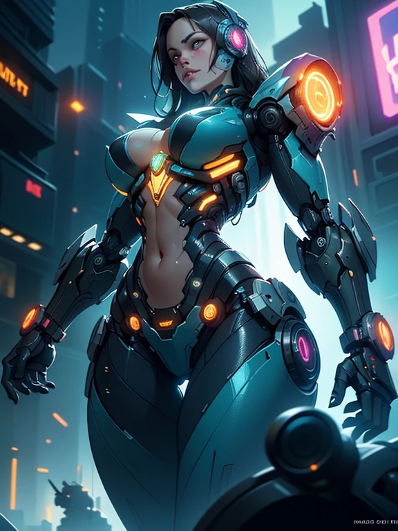 score_9, score_8_up, score_7_up, score_6_up, score_5_up, 8k high definition, dark elf princess, earrings, long black hair, futuristic cyberpunk armor, cyberpunk city, dynamic pose, cyberpunk, a high-tech city, cleavage, huge breasts, fighting pose in streets of cyberpunk Tokyo neon lights background
